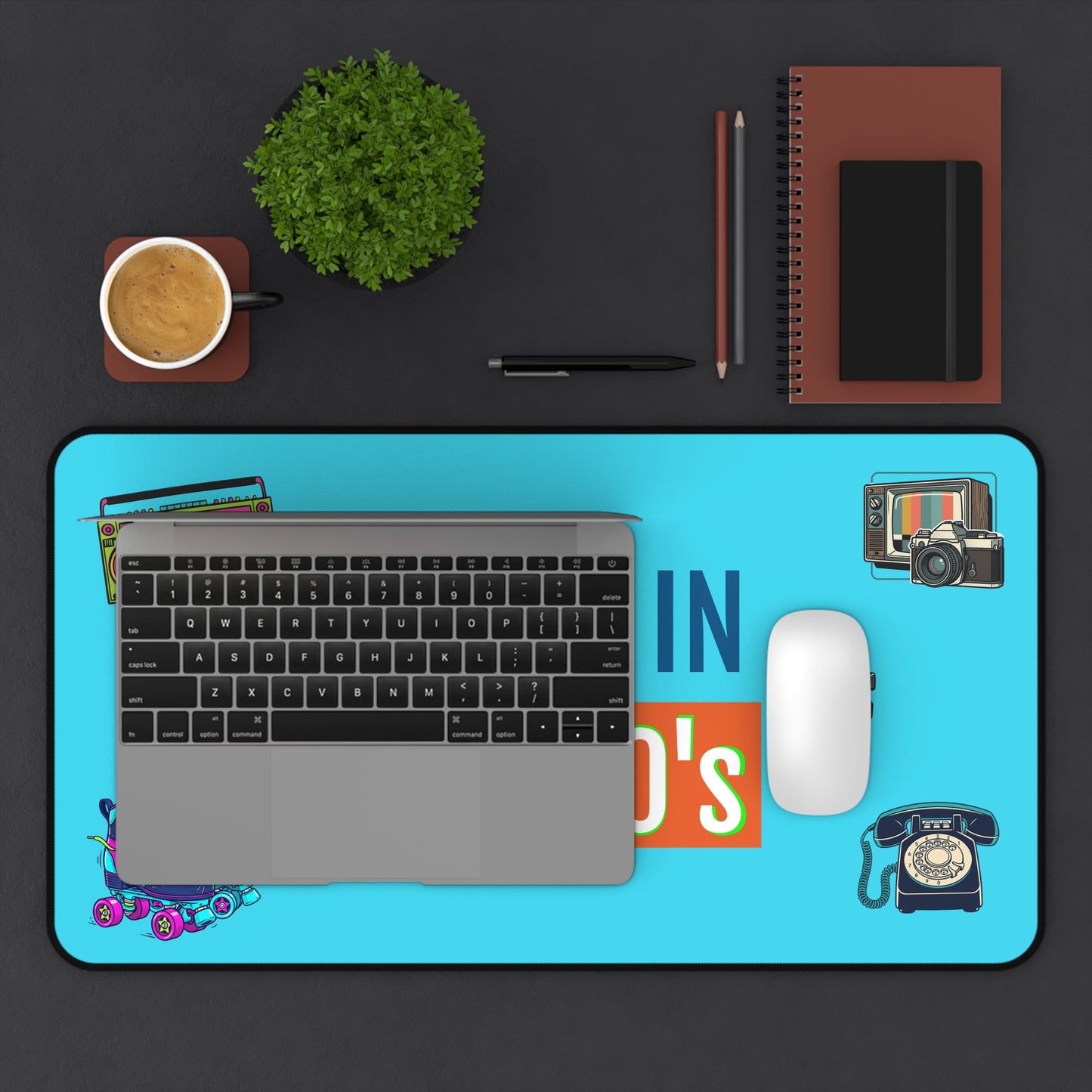 Retro 80s Desk Mat — Vintage Roller Skates, Boombox & Polaroid Design