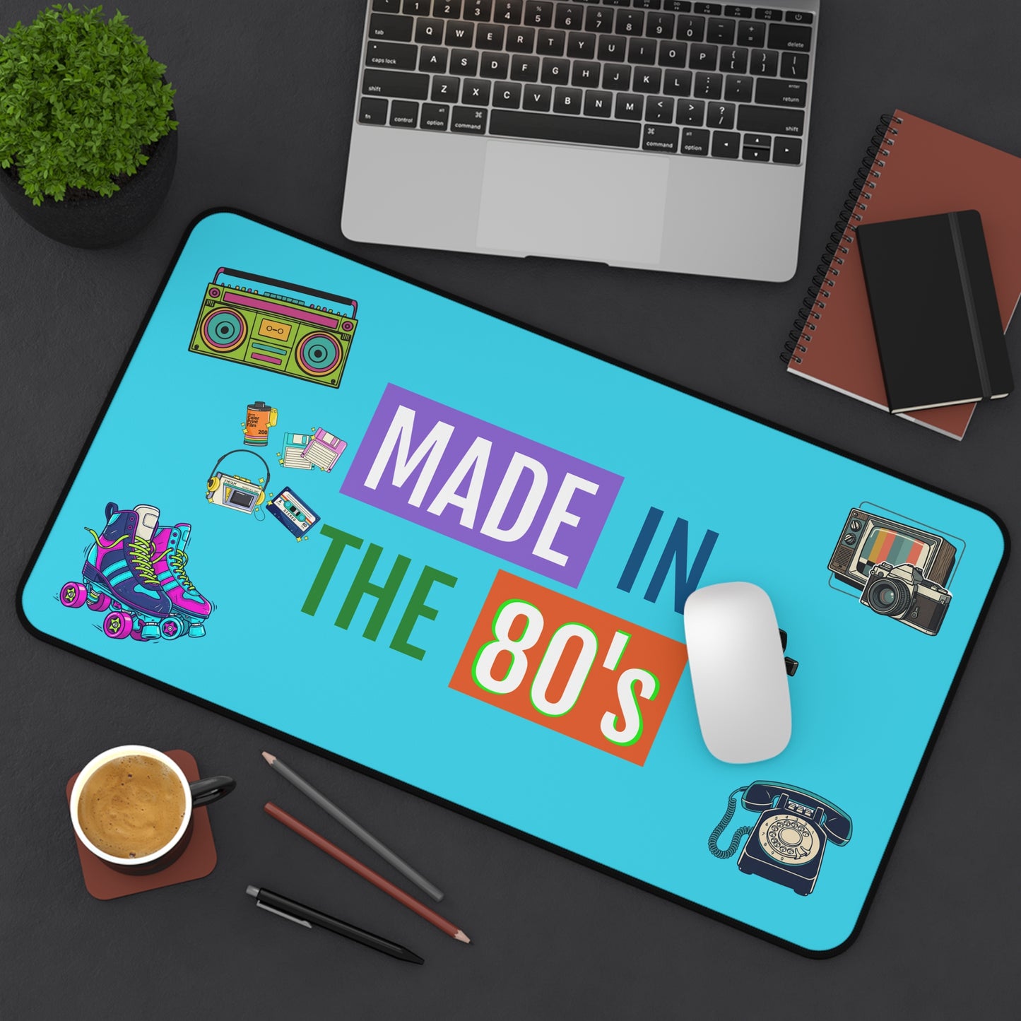 Retro 80s Desk Mat — Vintage Roller Skates, Boombox & Polaroid Design