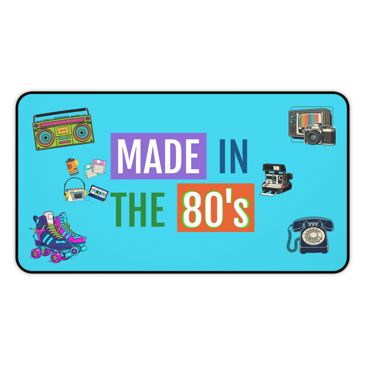 Retro 80s Desk Mat — Vintage Roller Skates, Boombox & Polaroid Design
