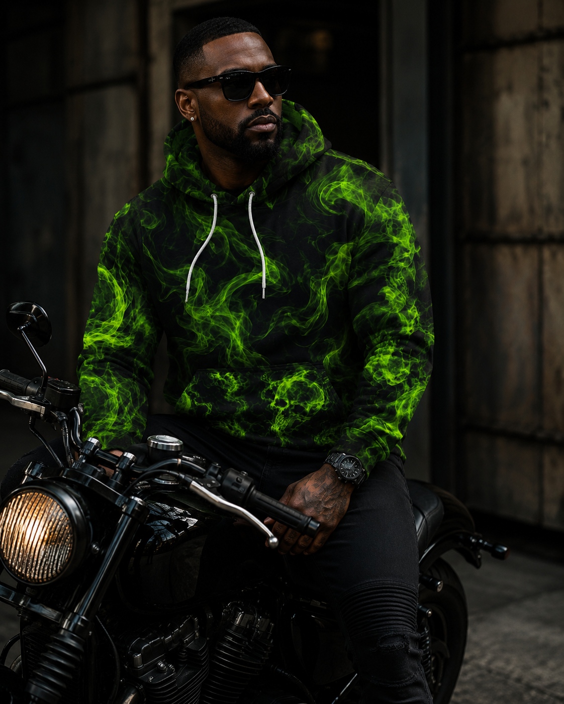 Green Smoke Skull Hoodie | All-Over Print