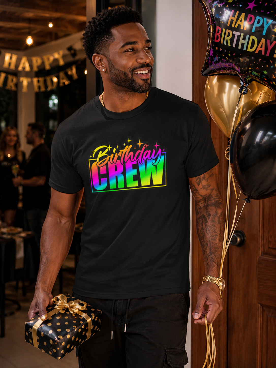 Birthday Crew Rainbow Retro Block Letter T-Shirt